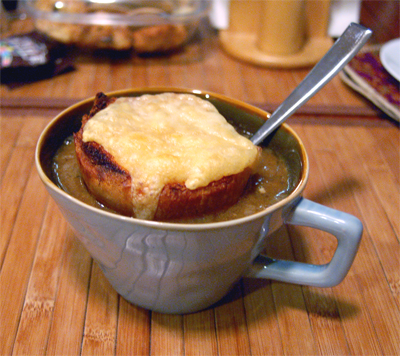 French onion soup with bread on top